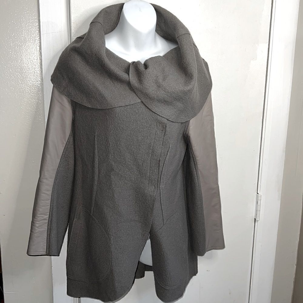 ELAINE KIM Sage Green Wool and Leather Shawl Collar Drape Front Jacket-4
